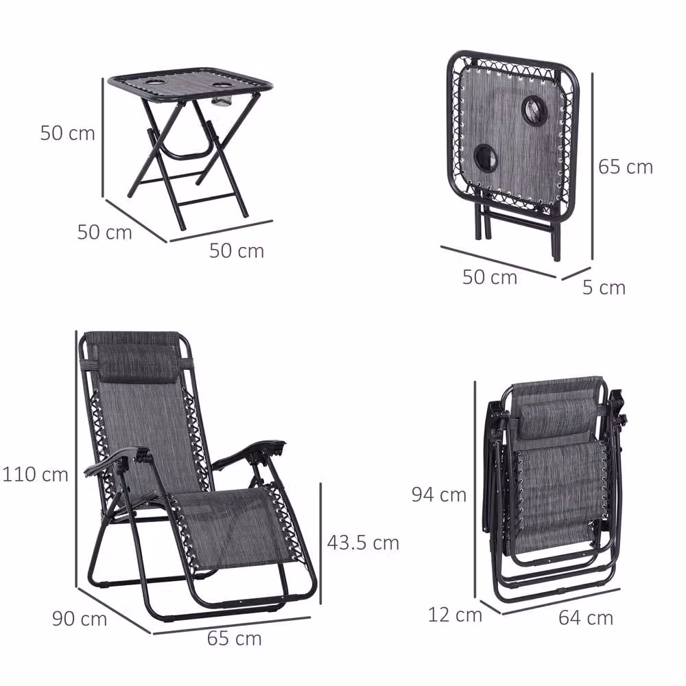 Matteo Folding Zero Gravity Sun Lounger Set with Side Table and Cup Holders in Light Grey – 3