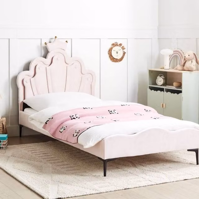 Wyld and Coco Pink Velvet Bed Frame with Crown LED Headboard, 3ft EU Single