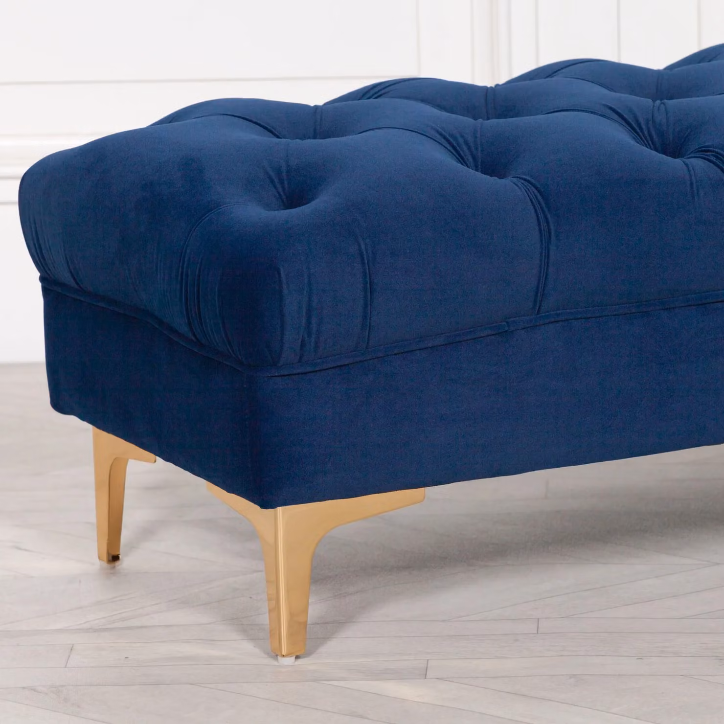 Glasstone Blue Velvet Buttoned Ottoman Stool with Gold Metal Accents W/D/H: 101 x 46 x 41 cm – 2