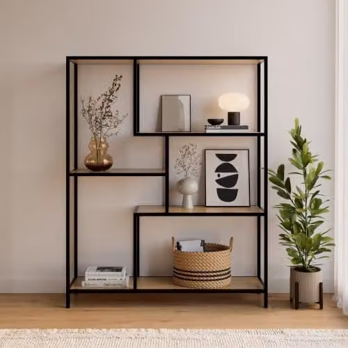 GFW Blake Modern Geometric Shelving Unit in Black, W/D/H: 150 x 36 x 23.45 cm