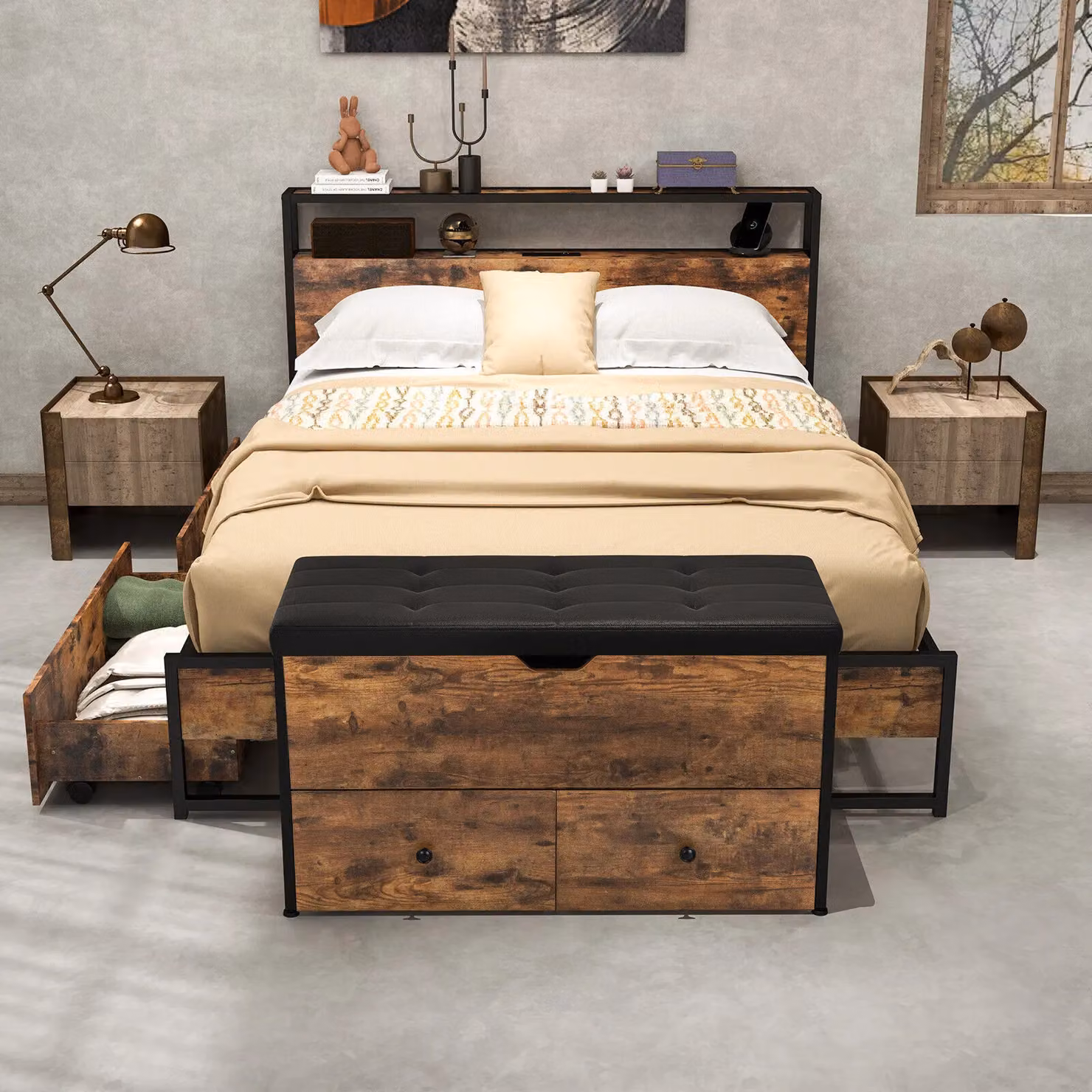 Costway Brown Wooden Storage Ottoman Bench with Flip Top Chest and 2 Drawers – 5