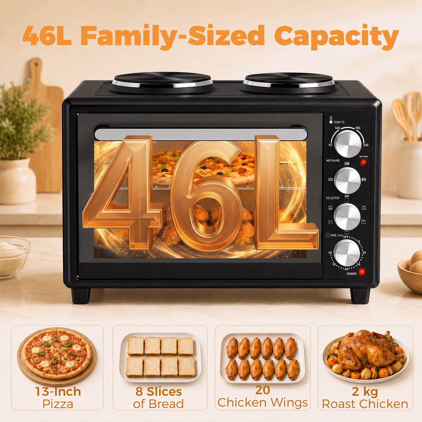 HOMCOM 46L Mini Oven with Dual Hot Plates, Black Electric Countertop Cooker with Convection, Grill and Timer, 90–230°C Adjustable Temperature – 5