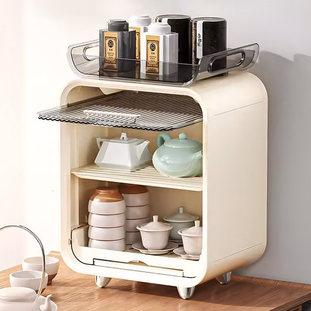 Komore Rectangular Kitchen Dish Storage and Drying Rack in White and Transparent Plastic