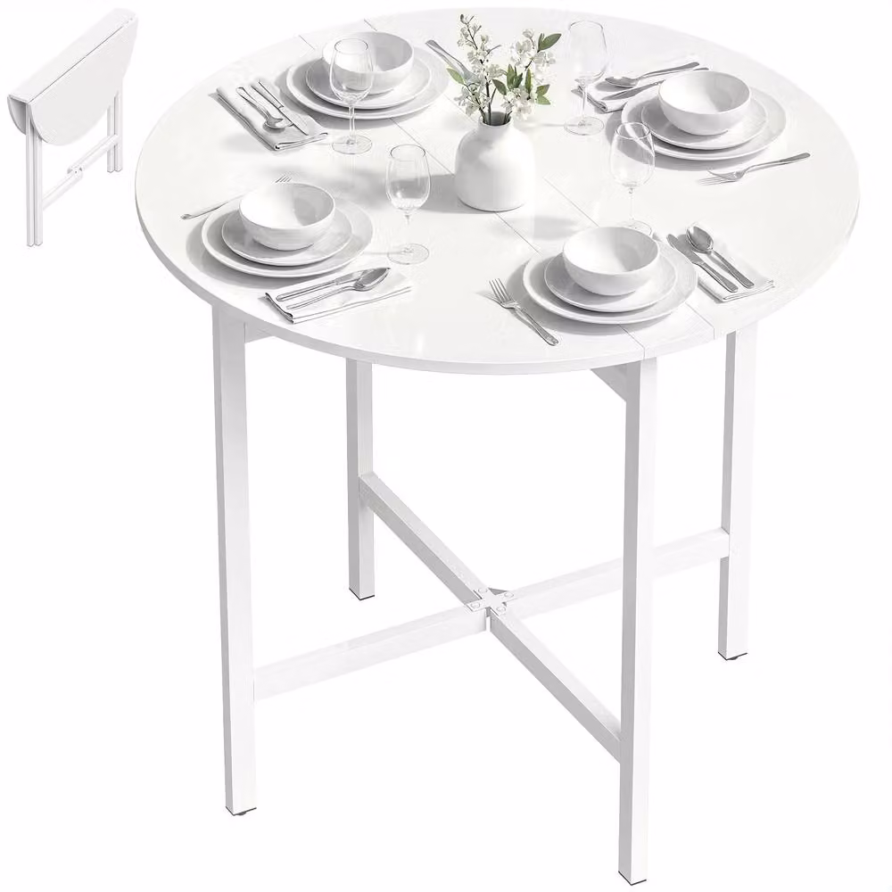 HOMCOM Modern Round Folding Dining Table with Drop Leaf and Steel Frame, White, W/D/H: 80 x 80 x 76 cm – 2
