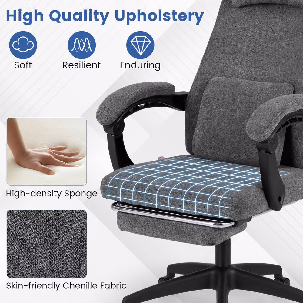 Costway Grey Chenille Fabric Upholstered Reclining Executive Office Chair with Headrest and Armrests – 4