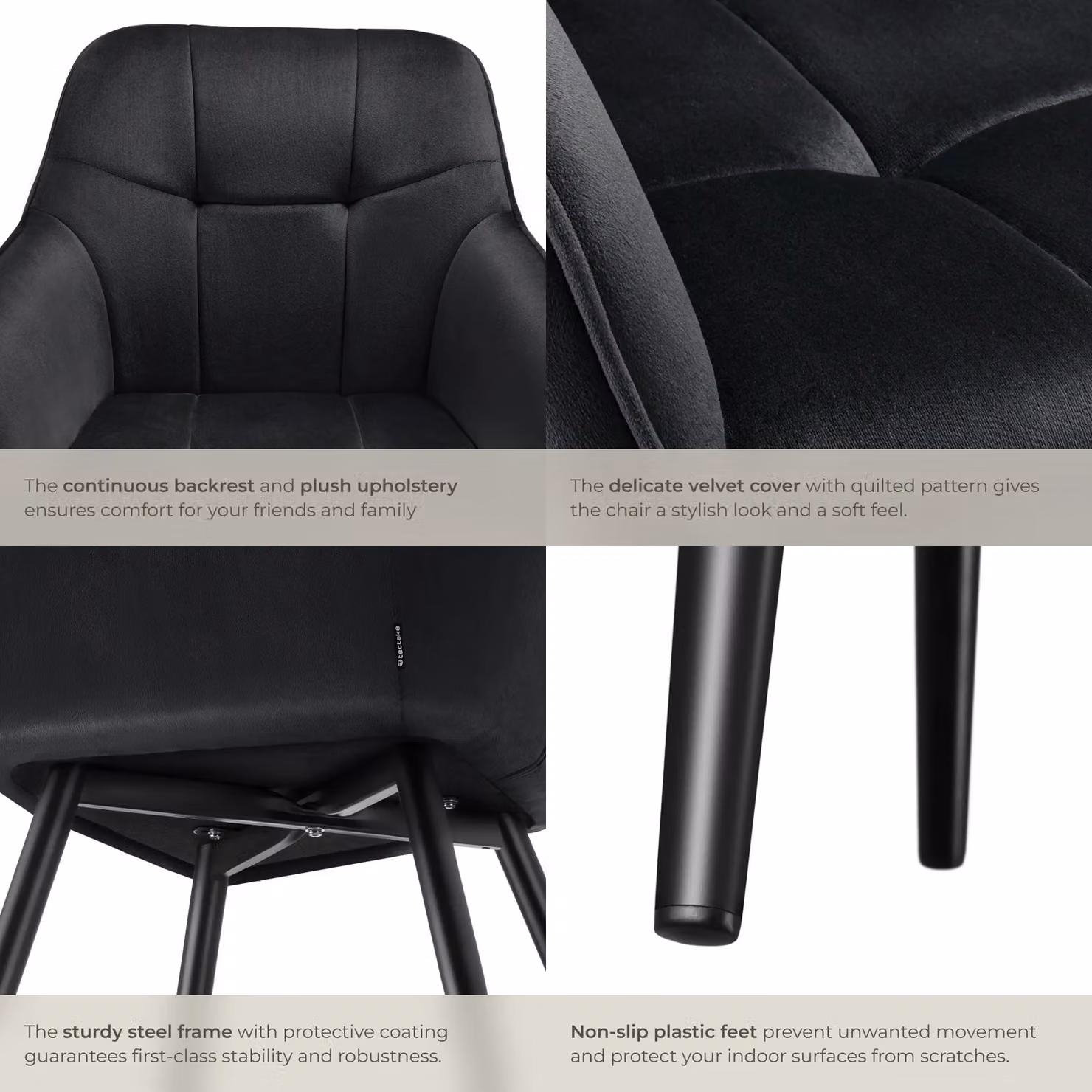tectake Marilyn Set of 2 Modern Velvet Dining Chairs with Armrests in Black – 5
