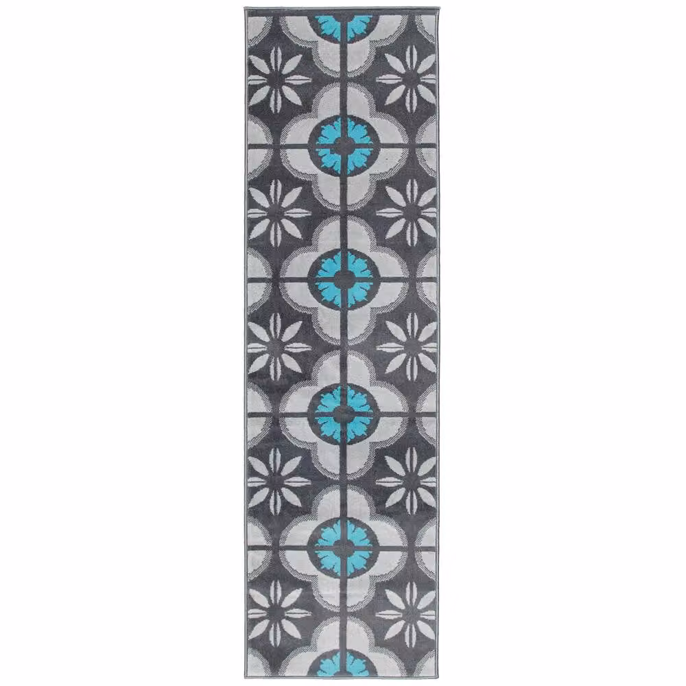 Bravich LTD Floral Tile Hallway Runner Rug in Blue, Non-Slip Low Pile Polypropylene Carpet, W: 60 cm, L: 450 cm – 2