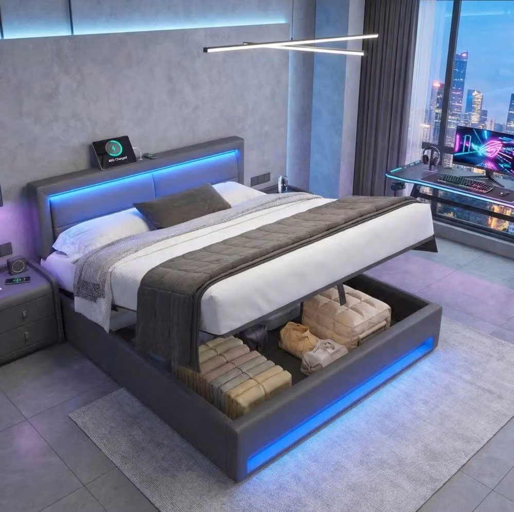 STILVORA Grey Upholstered King Size Bed with USB Charging Ports, LED Under-Bed Lighting and Lift-Up Storage Base, W/D/H: 180 x 200 cm – 2