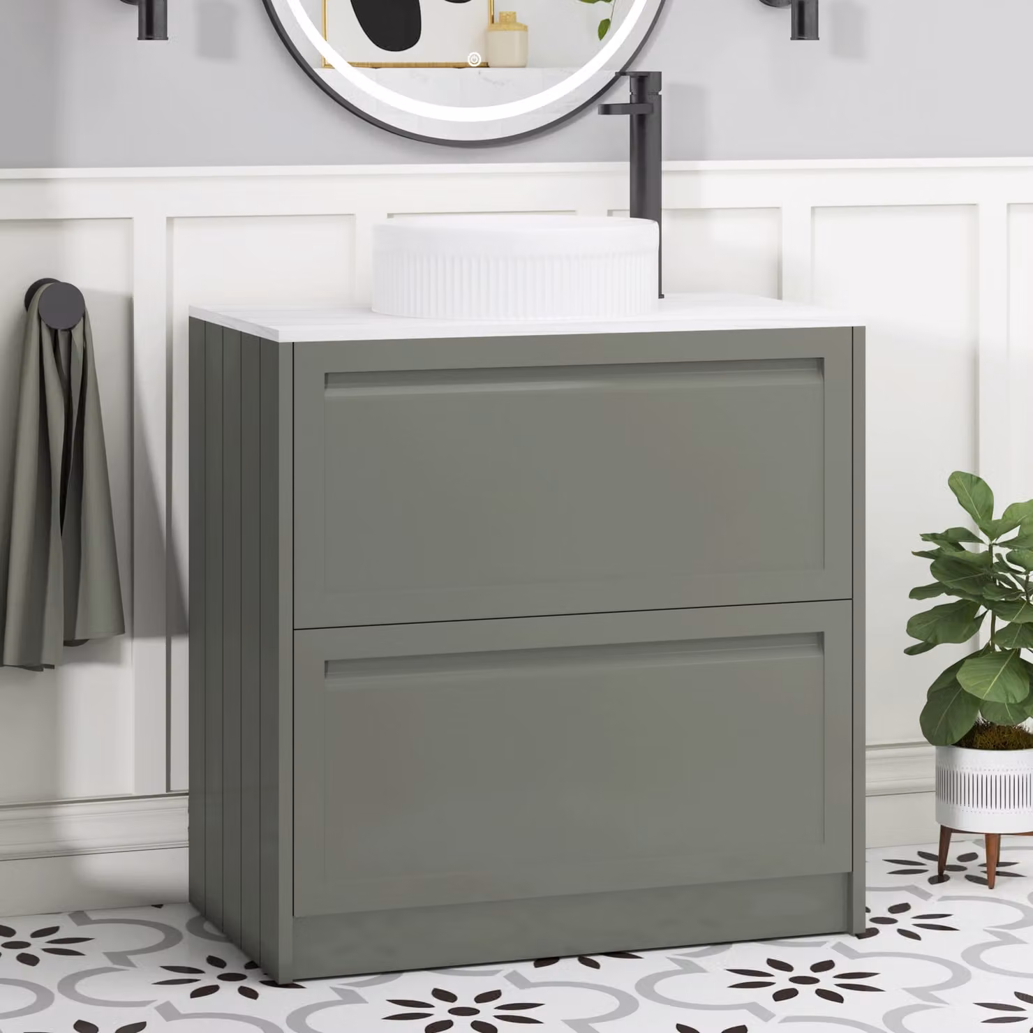 Royal Bathrooms Elmore 800mm Matt Green Floor Standing Countertop Vanity Unit with 2 Drawers and Round Basin