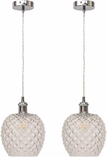 First Choice Lighting Baine Set of 2 Retro Pendant Lights with Transparent Glass and Chrome Finish