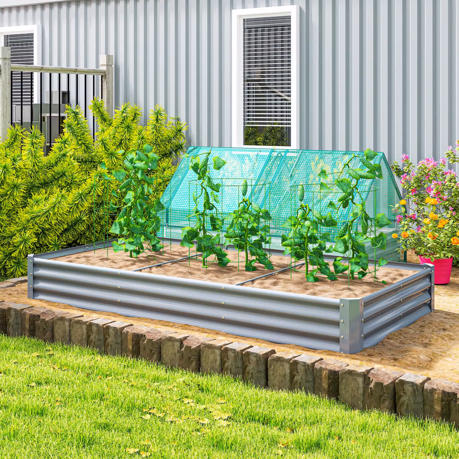 Outsunny Galvanised Steel Open Planter, Silver, W: 240 cm, H: 30 cm, D: 120 cm – 2