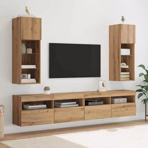vidaXL Set of 2 Modern Wall-Mounted TV Cabinets in Brown Artisan Oak with Glass Doors and Integrated Lighting – 2