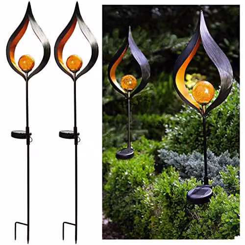 mysmartbuy 2 x Aura Flame Globe Stake Lights, Solar Powered Zen Style Metal LED Outdoor Garden Lights in Black and Gold, H91 x W16.8 x D7.2 cm – 3