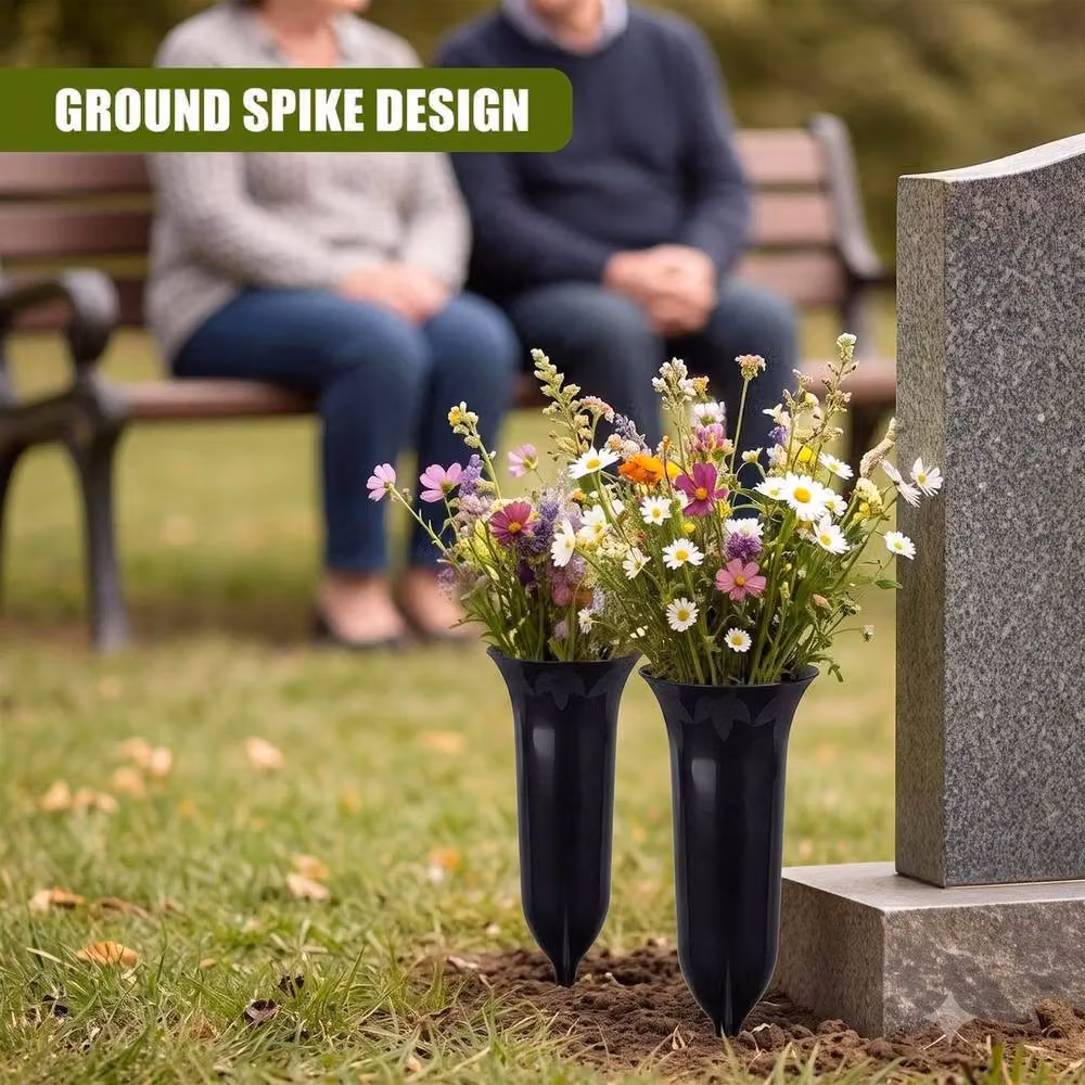 EONLION Set of 2 Black Plastic Grave Vases with Spikes for Cemetery Flower Pots – 4