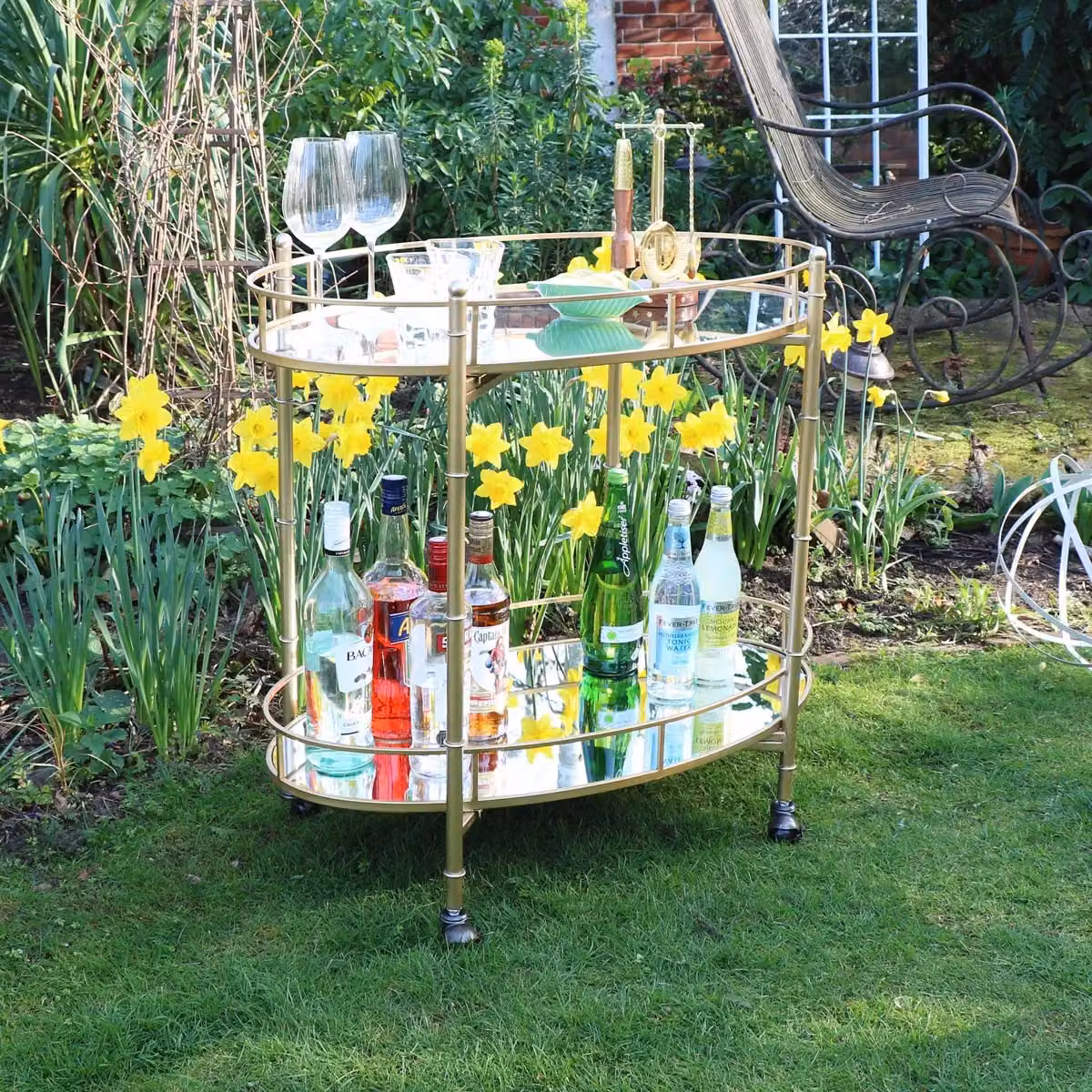 Melody Maison Gold Mirrored Oval Drinks Trolley with Glass Tiers and Castors – 2
