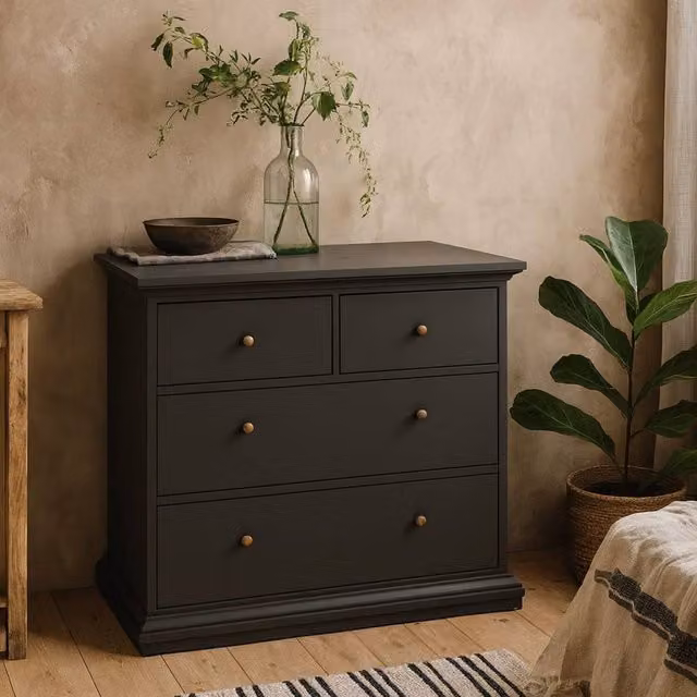 Wyld Haus Osaka Farmhouse 4 Drawer Chest in Dark Grey Laminated Wood
