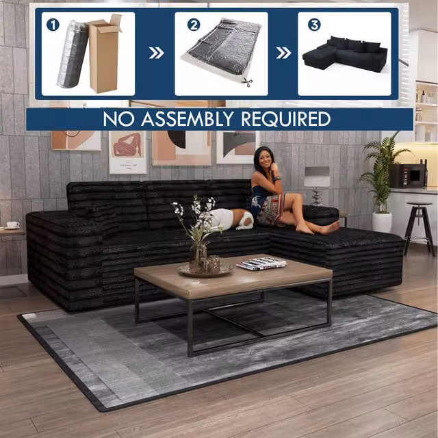 Modern L-Shaped Upholstered Corner Sofa in Black with Scatter Cushions, Right-Facing