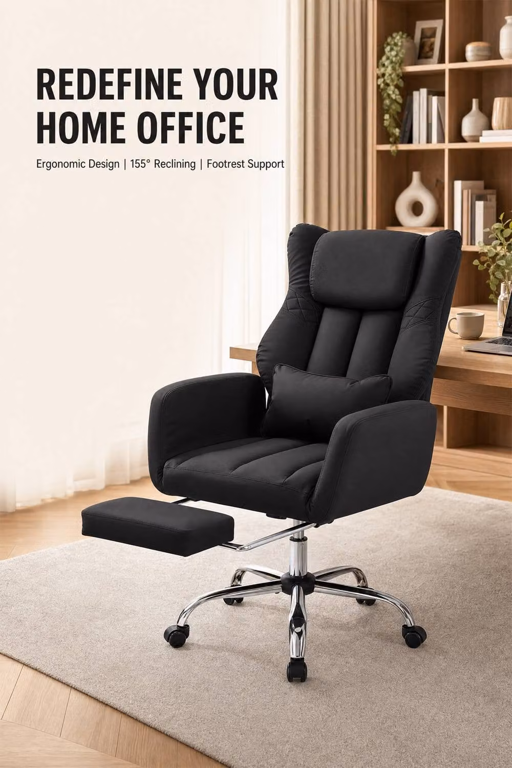 Living and Home Ergonomic Reclining Office Chair with Footrest and Flip-up Armrests in Black Synthetic Leather – 2