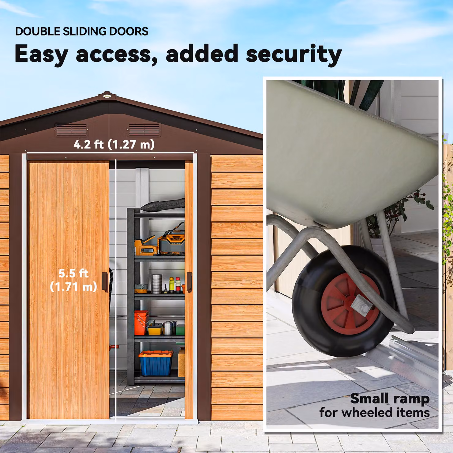 Outsunny Brown Wood Effect Metal Garden Shed with Sliding Doors and Gable Roof, W: 274 cm, D: 171 cm, H: 127 cm – 3