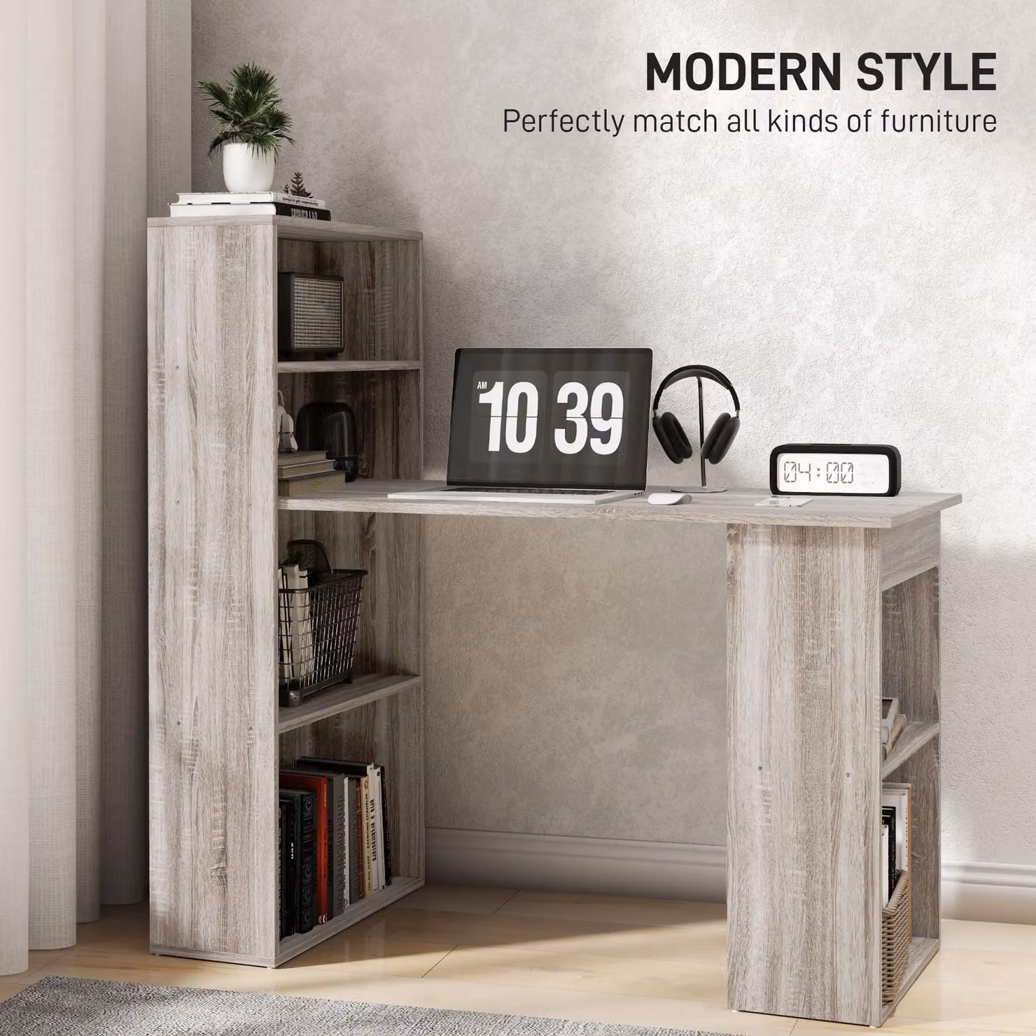 HOMCOM Grey Computer Desk with 6-Tier Bookshelf, Modern Wooden Writing Workstation for Home Office, W: 120 cm, D: 55 cm, H: 24 cm – 3