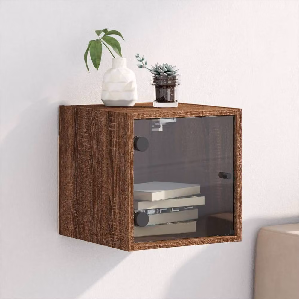Berkfield Home Bedside Cabinet with Glass Door in Brown Oak, W/D/H: 35 x 37 x 35 cm – 2