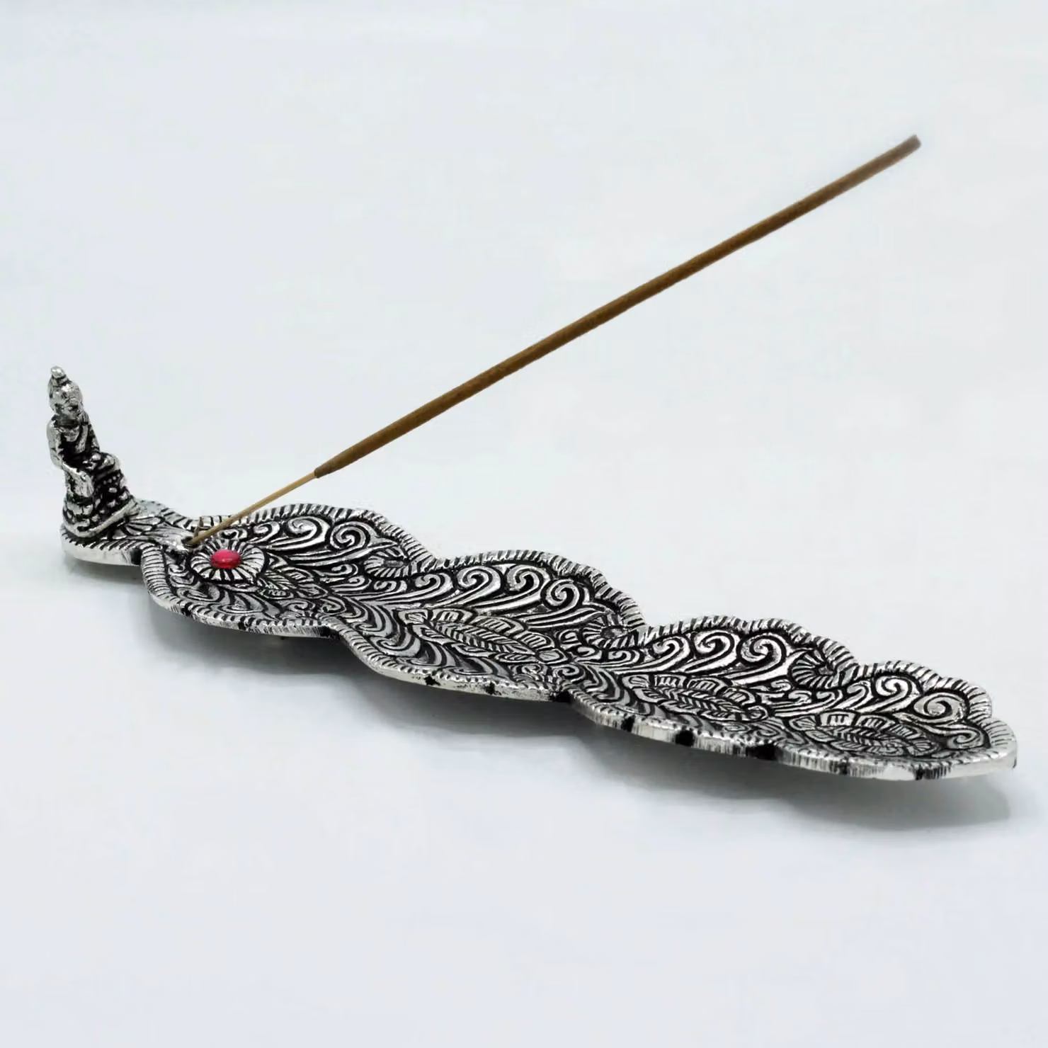 KDMD Polished Aluminium Buddha Long Incense Holder, Silver, 20 cm – 2
