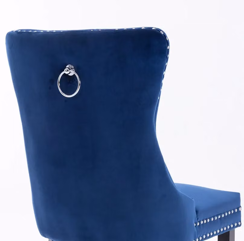 HomeTouch Taylor Set of 6 Blue Velvet Upholstered Kitchen Dining Chairs with Pull Knocker Back and Oak Wood Frame – 4