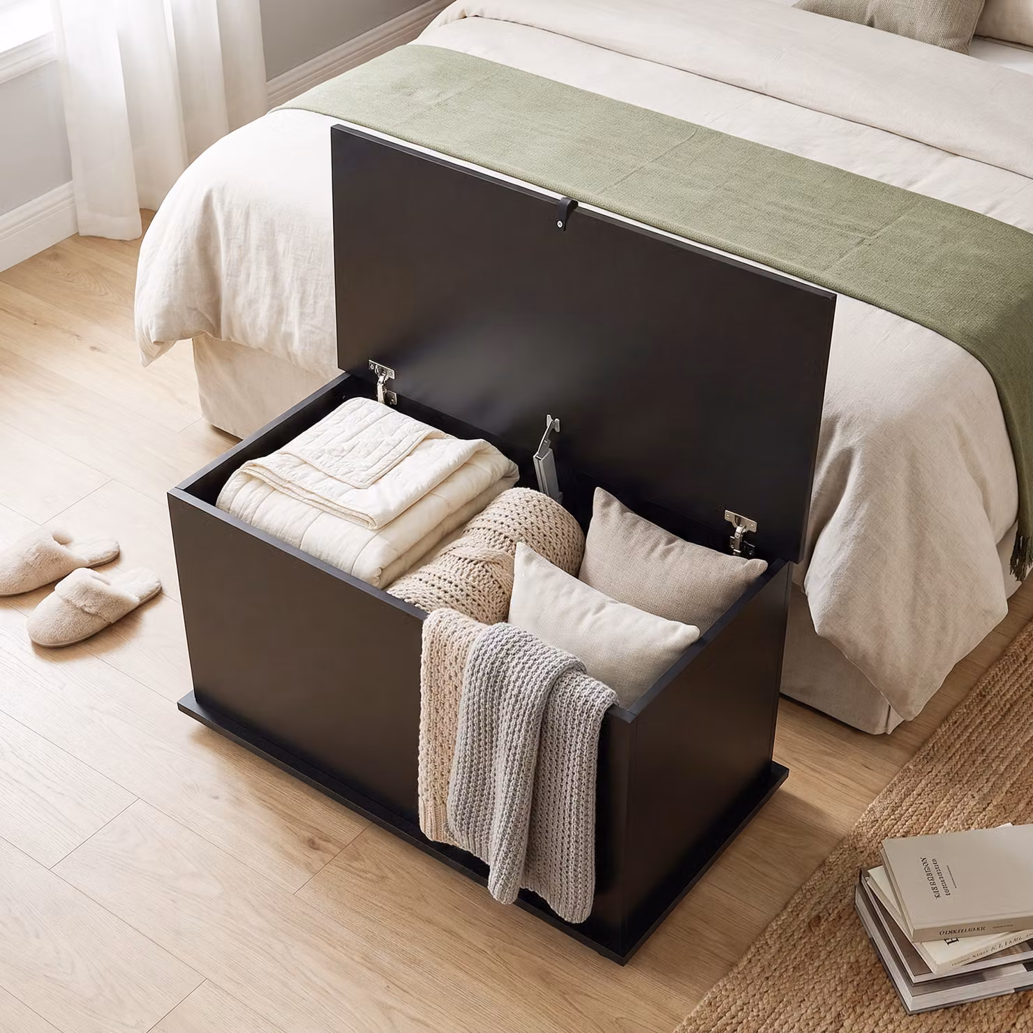 HOMCOM Black Storage Chest and Shoe Bench with Safety Hinged Lid, W: 80 cm, D: 40 cm, H: 45 cm – 6