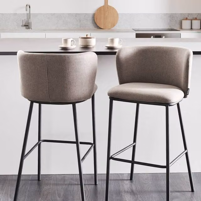 Wyld and Coco Set of 2 Taupe Bar Chairs with Armless Curved Back and Black Metal Legs in Beige – 1