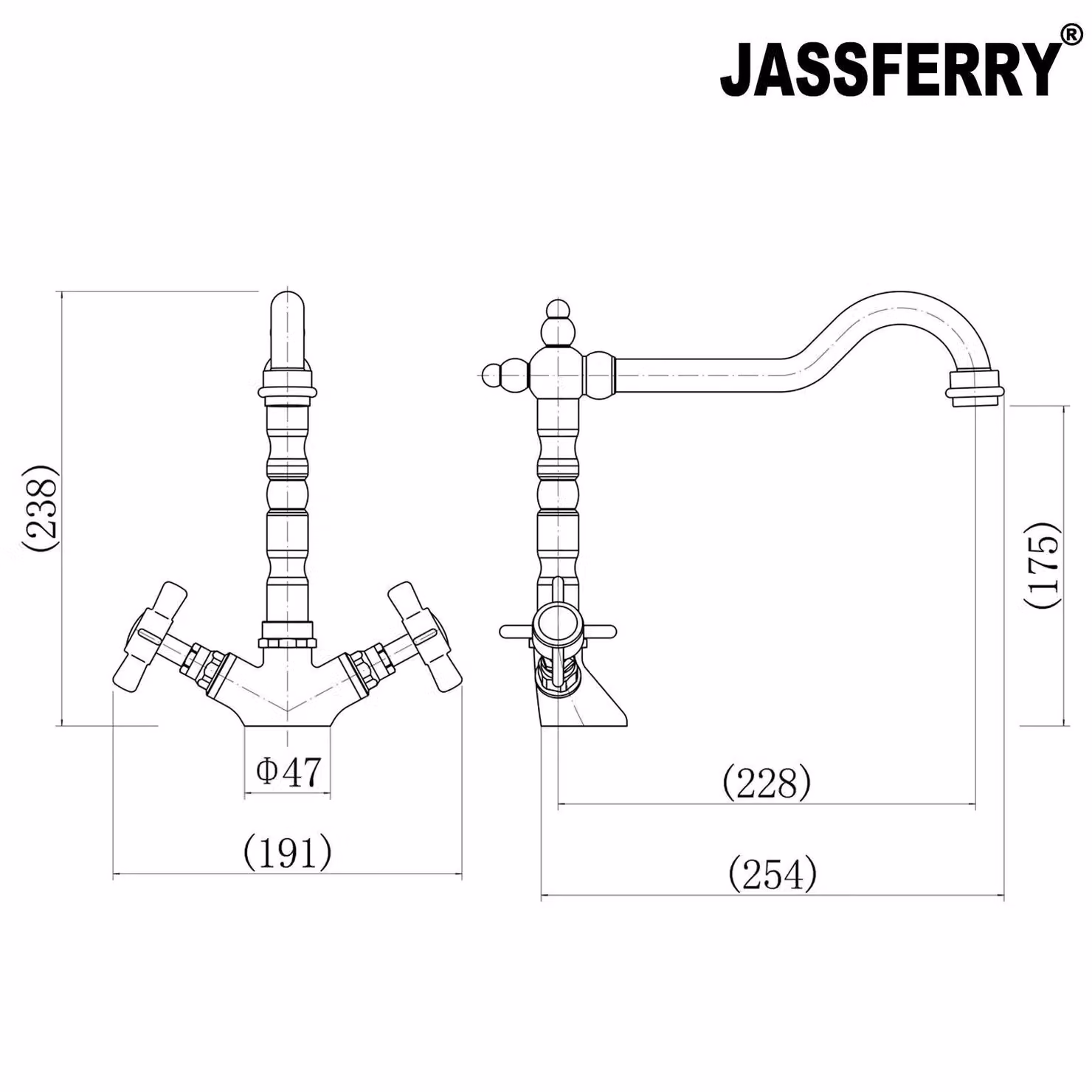 JASSFERRY French Mixer Tap Classic Kitchen Crosshead Handle in Silver Chrome – 2