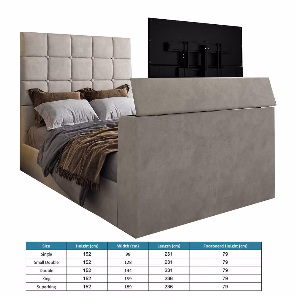KDMD Luther Upholstered Velvet TV Bed Frame in Sand, Size: Super King (200 x 200 cm) – 3