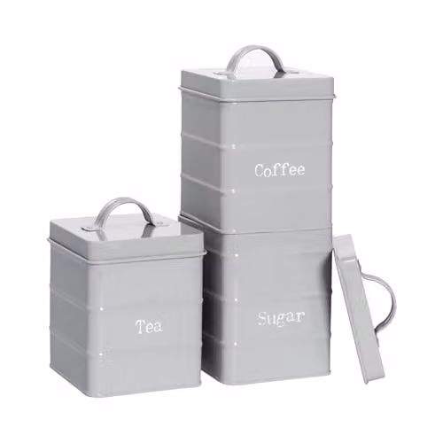Harbour Housewares Metal Tea Coffee Sugar Canister Set in Grey, 3-Piece Airtight Vintage Food Storage Containers