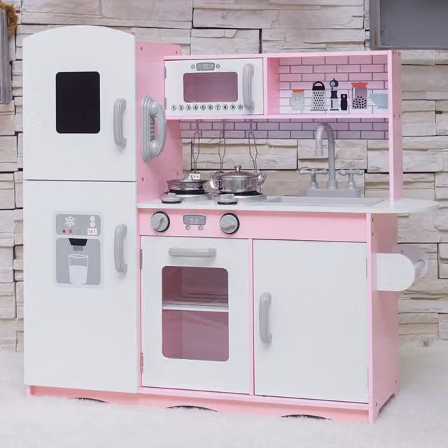 GALACTICA Pink Wooden Pretend Play Kitchen with Utensil Set
