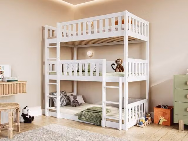 Flair Bea Triple High Bunk Bed in White and Grey, Solid Pine Wood, Size: 90 x 200 cm