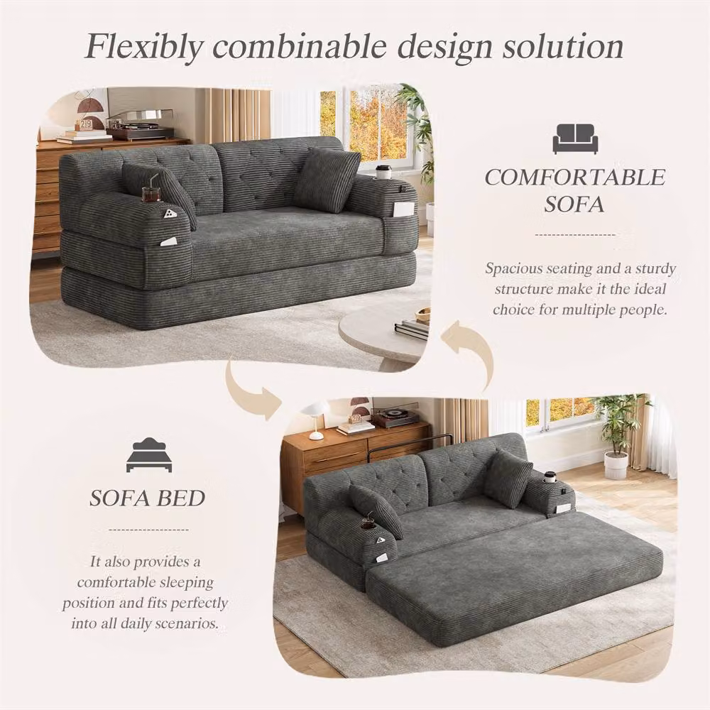 Direct Wicker 2-Seater Corduroy Sofa Bed with Cup Holders and Side Storage Pockets in Dark Grey – 3