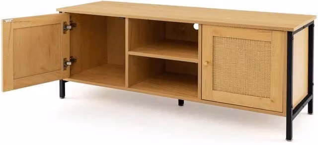 VOGREX Mid Century Rattan TV Stand in Beige with Open Media Compartments for TVs up to 55 Inch