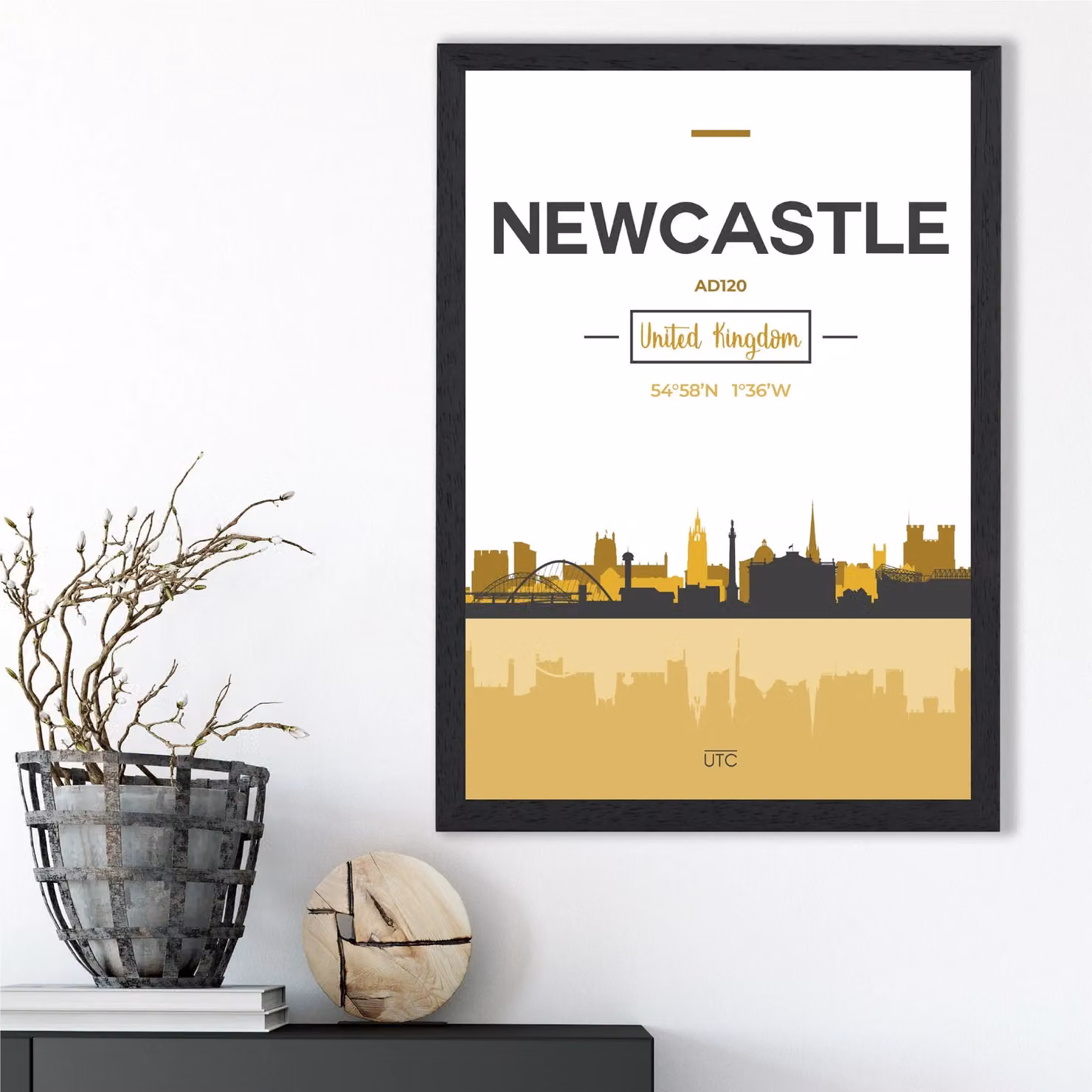 ARTZE Newcastle City Skyline Framed Paper Poster in Yellow and Black, A4 Size – 2