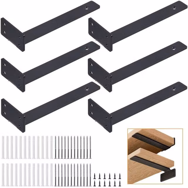 EONLION 6-Pack Steel Floating Shelf Brackets in Black, 30 cm
