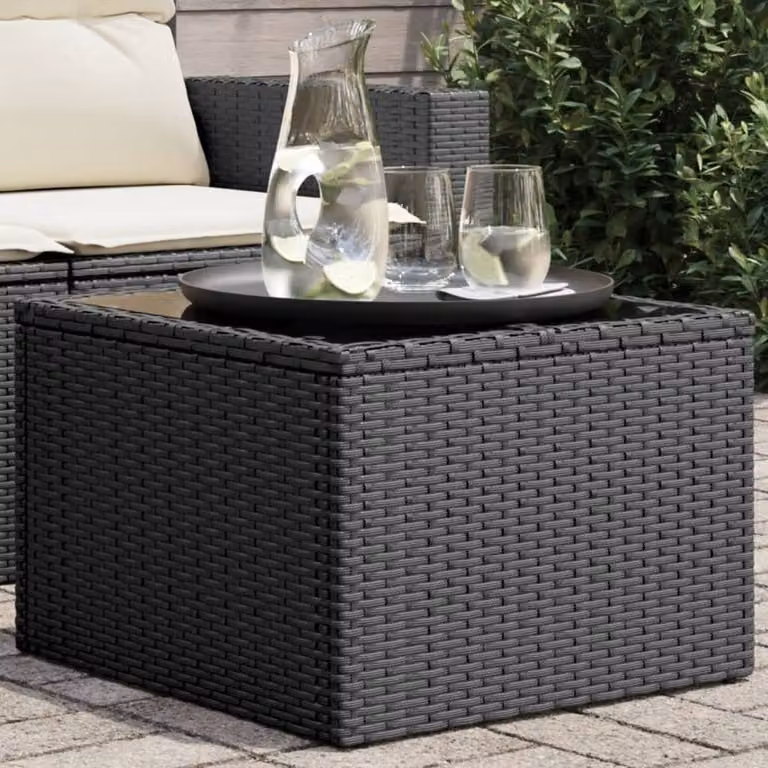 Berkfield Home Black Poly Rattan Garden Table with Glass Top, W/D/H: 55 x 55 x 37 cm