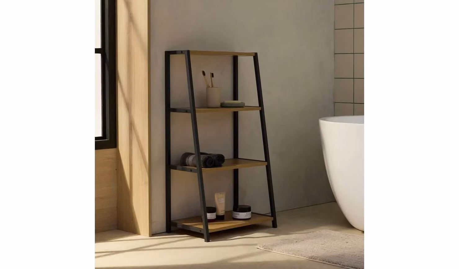 Cheap Furniture Warehouse Loft Living 4 Tier Industrial Bathroom Shelving Unit in Black and Brown, W/D/H: 90 x 30 x 49 cm