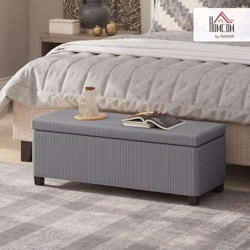 HOMCOM Corduroy Storage Ottoman Bench in Grey, W: 112 cm, D: 42 cm, H: 40 cm – 2