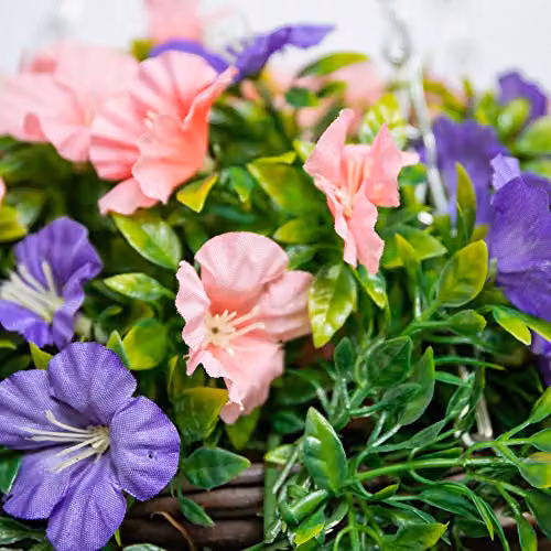 Primrose Large Artificial Petunia Flowers in a Green Rattan Hanging Basket, Pink and Purple – 4