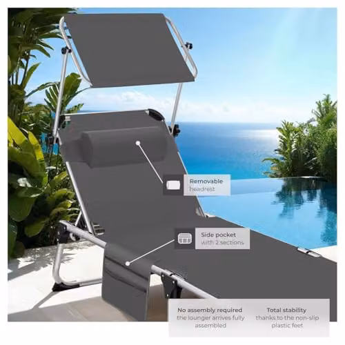 tectake Aurelie Folding Sun Lounger in Grey with Powder Coated Aluminium Frame, Sun Canopy and Adjustable Headrest – 3