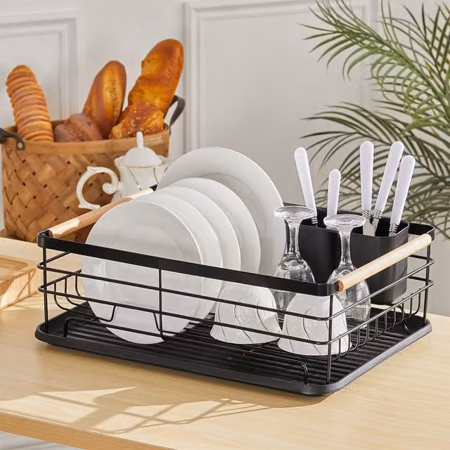Livingandhome Black Metal Kitchen Dish Drain Rack with Drip Tray and Cutlery Holder