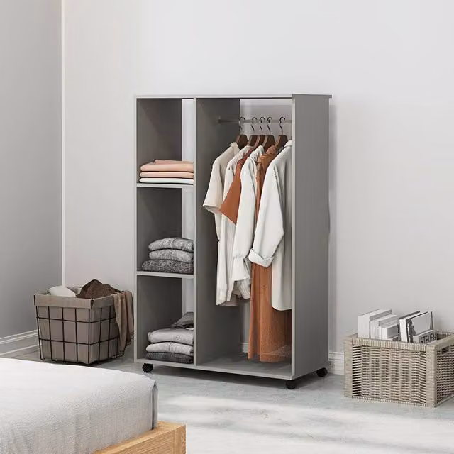 KORVIXA Grey Open Wardrobe on Wheels, W: 100 cm, H: 128 cm