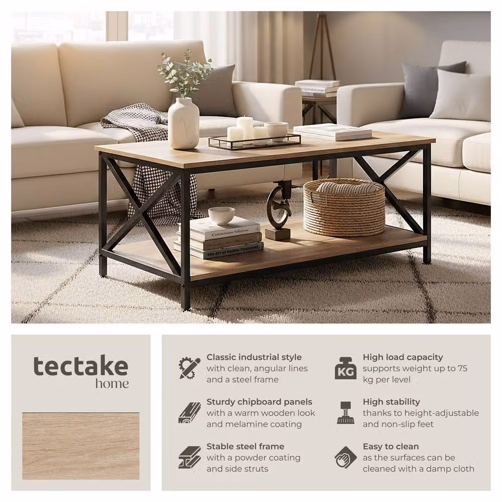 tectake Pittsburgh Rectangular Coffee Table with Storage Shelf in Light Oak and Grey – 2
