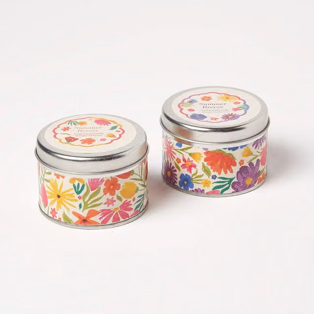 Homescapes Summer Breeze Floral Scented Candle Tins, Set of 6, White and Multicolour Metal Tabletop Candles