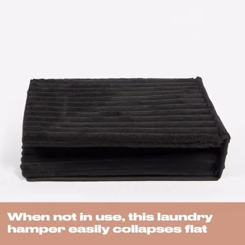 OHS Collapsible Ribbed Faux Fur Laundry Basket with Lid and Rope Handles, Black, W: 45 cm, D: 49 cm, H: 31 cm – 6