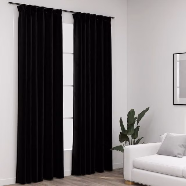 Berkfield Linen-Look Blackout Curtains with Hooks, 2 Pack, Black, W: 140 cm, H: 225 cm