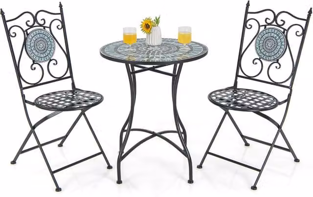 Costway 3 Piece Black Powder Coated Steel Patio Bistro Table and Chair Set with Round Glass Top